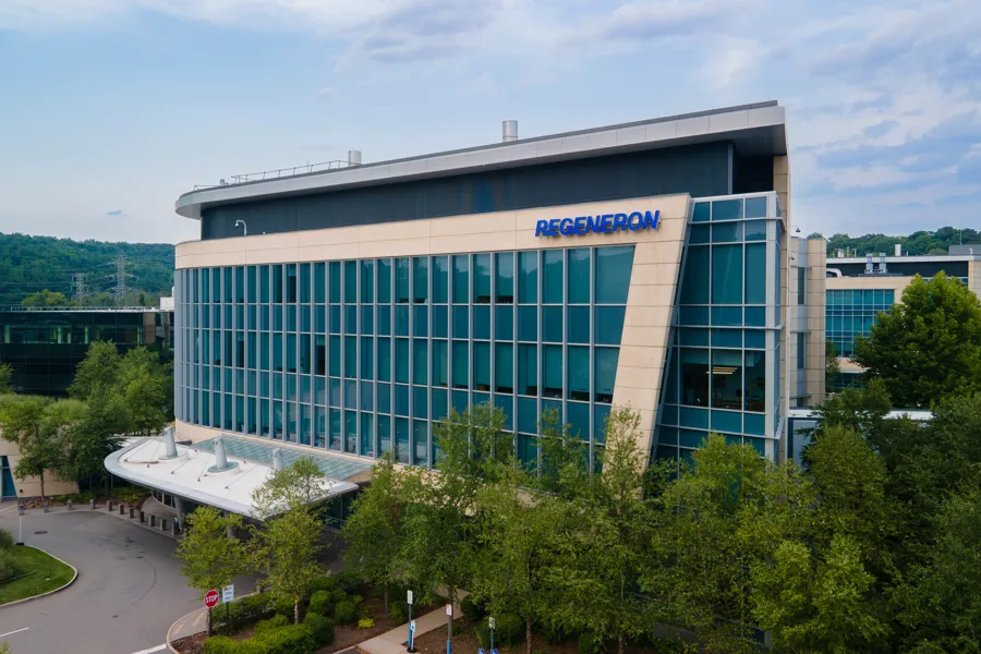 Regeneron Pharmaceuticals building with modern architecture and surrounding greenery